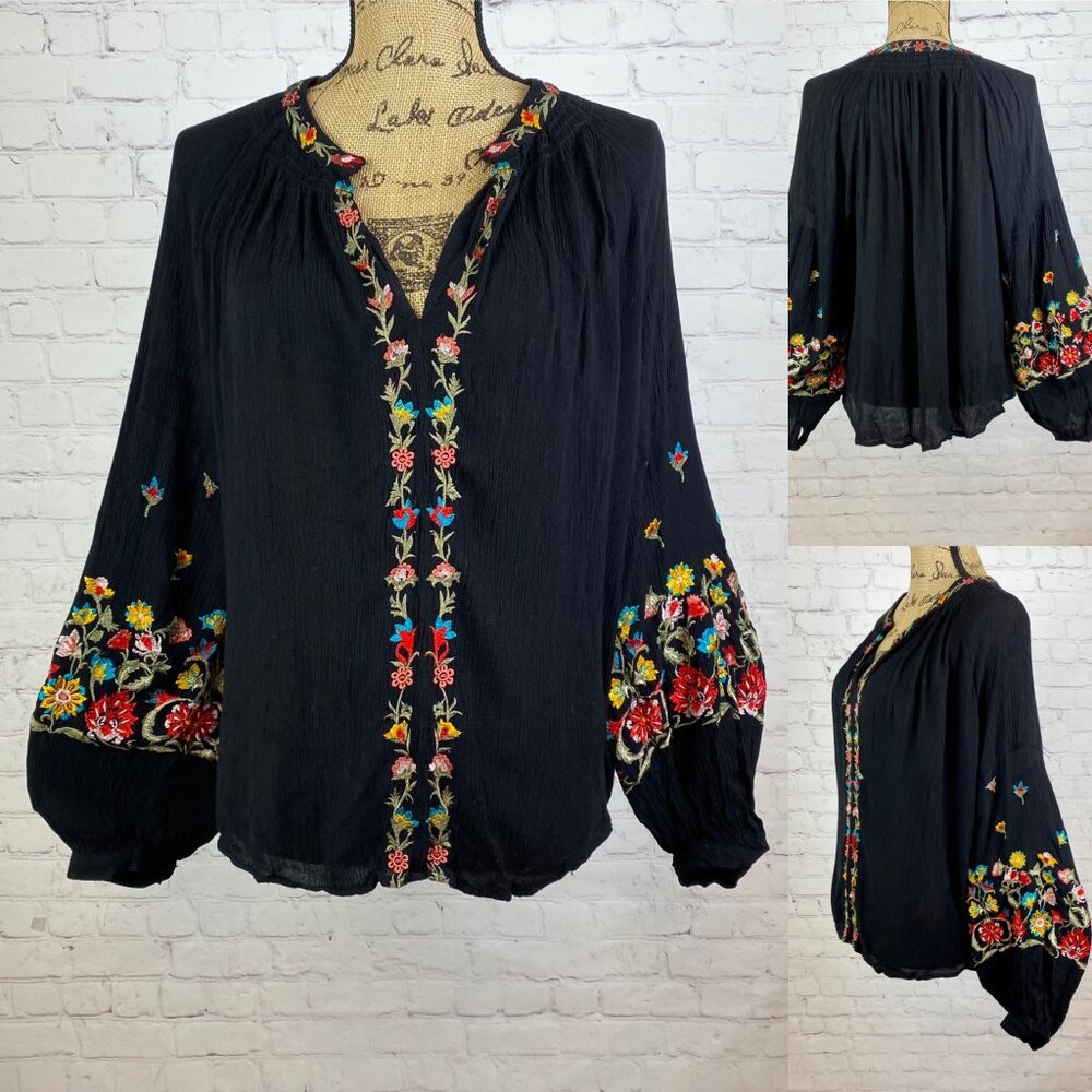 Maeve Black Crinkly Embroidered Bell Sleeve Top